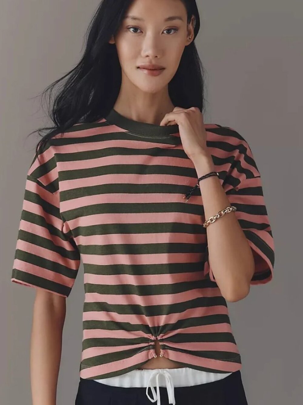 by Anthropologie Striped Cotton Relaxed Fashion Shirt with Gold Hardware, Size M